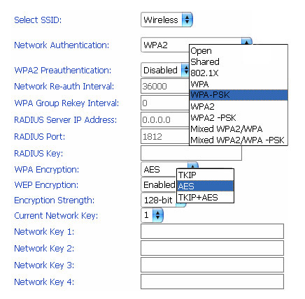 Настройка режима WPA-PSK в точке доступа
